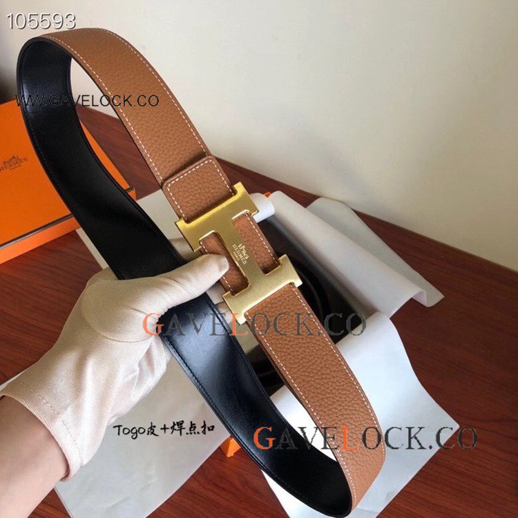 Replica Hermes Togo Leather Strap - Reversible Black Brown Belt
